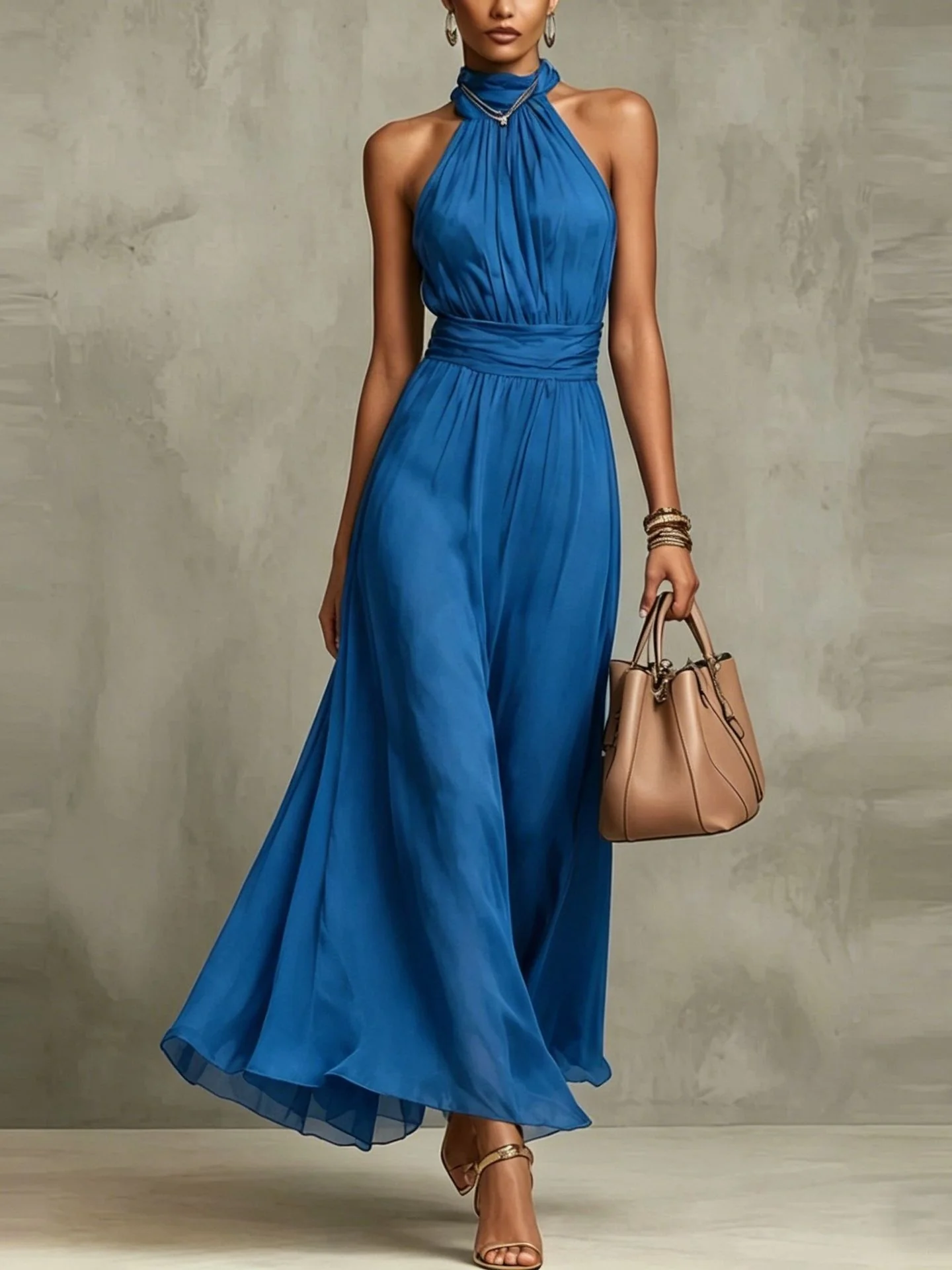 Halter Neck Solid Color Chiffon Vacation Style Waist-cinching Pleated Long Dress - Image 4