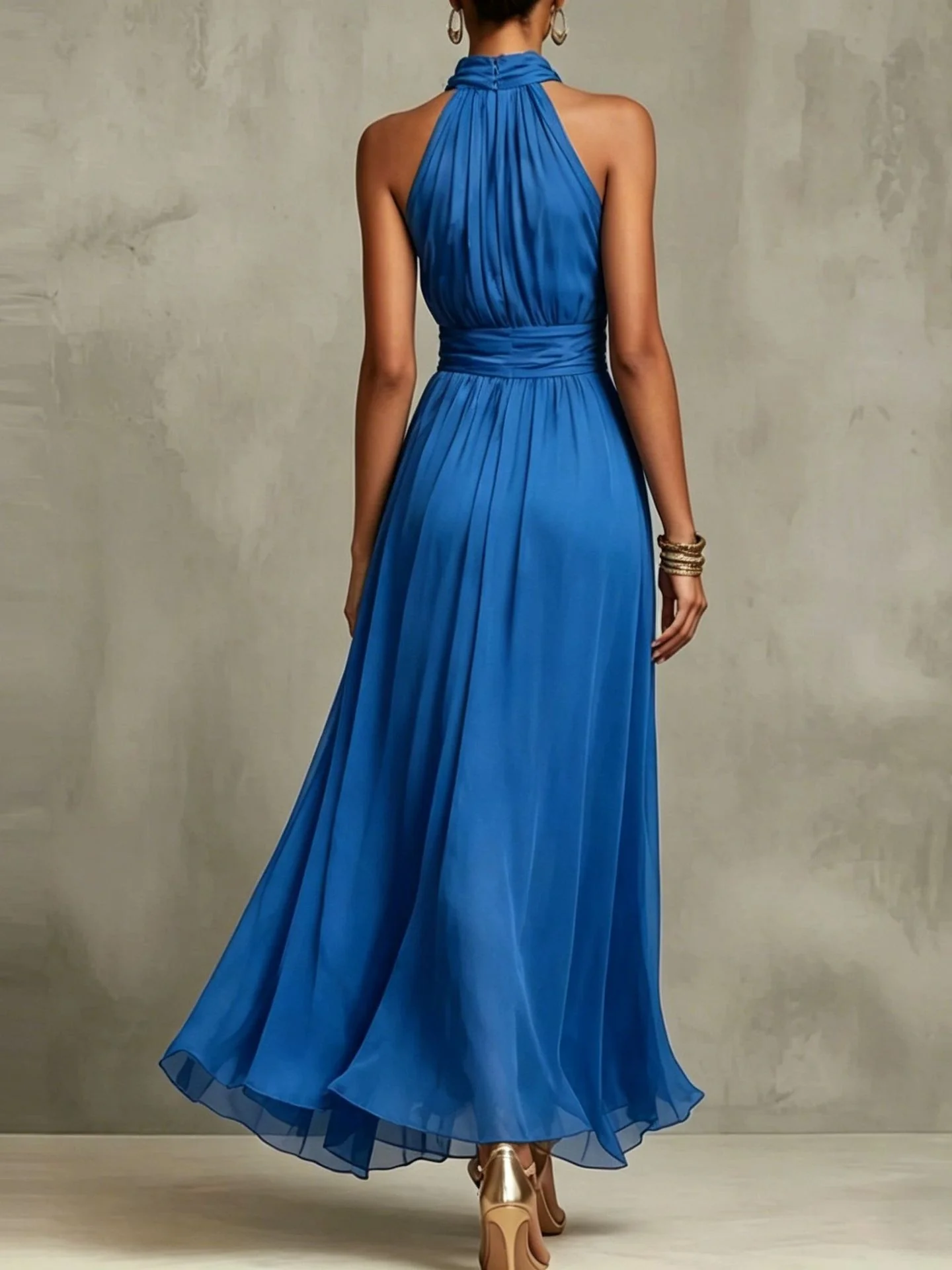 Halter Neck Solid Color Chiffon Vacation Style Waist-cinching Pleated Long Dress - Image 5