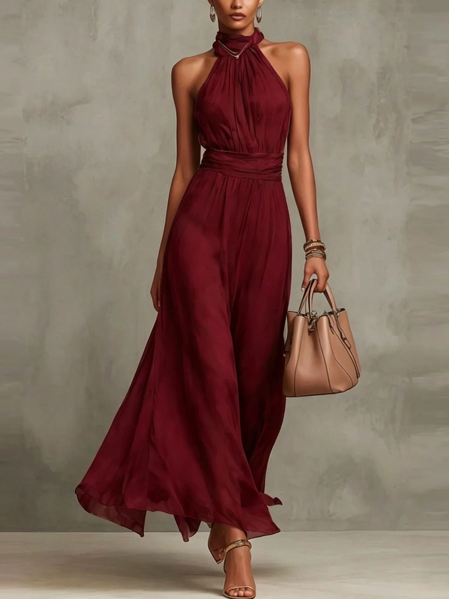Halter Neck Solid Color Chiffon Vacation Style Waist-cinching Pleated Long Dress - Image 6