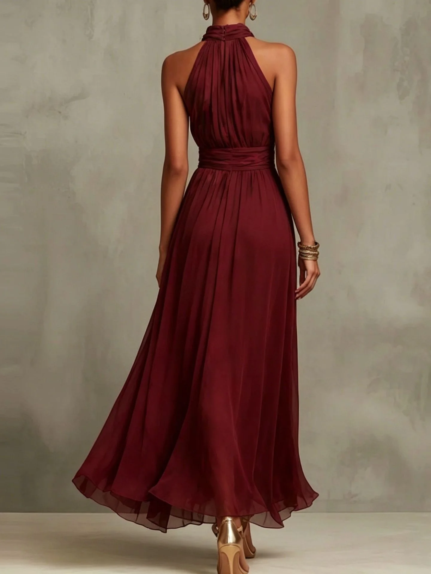 Halter Neck Solid Color Chiffon Vacation Style Waist-cinching Pleated Long Dress - Image 7