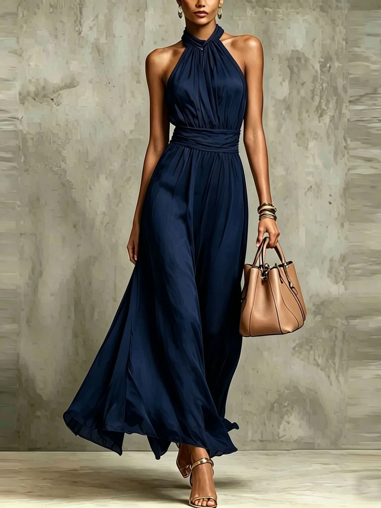 Halter Neck Solid Color Chiffon Vacation Style Waist-cinching Pleated Long Dress - Image 8