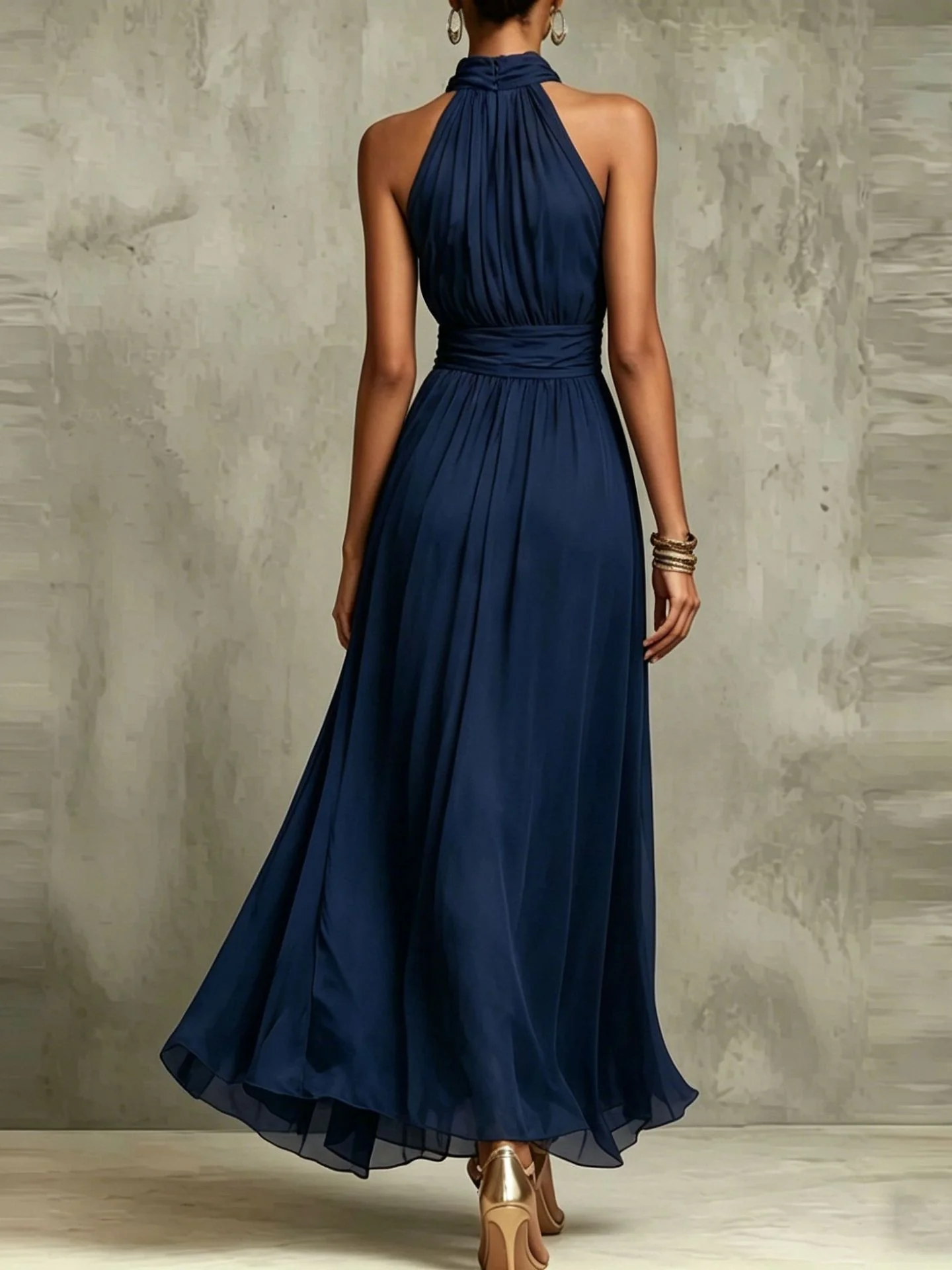Halter Neck Solid Color Chiffon Vacation Style Waist-cinching Pleated Long Dress - Image 9