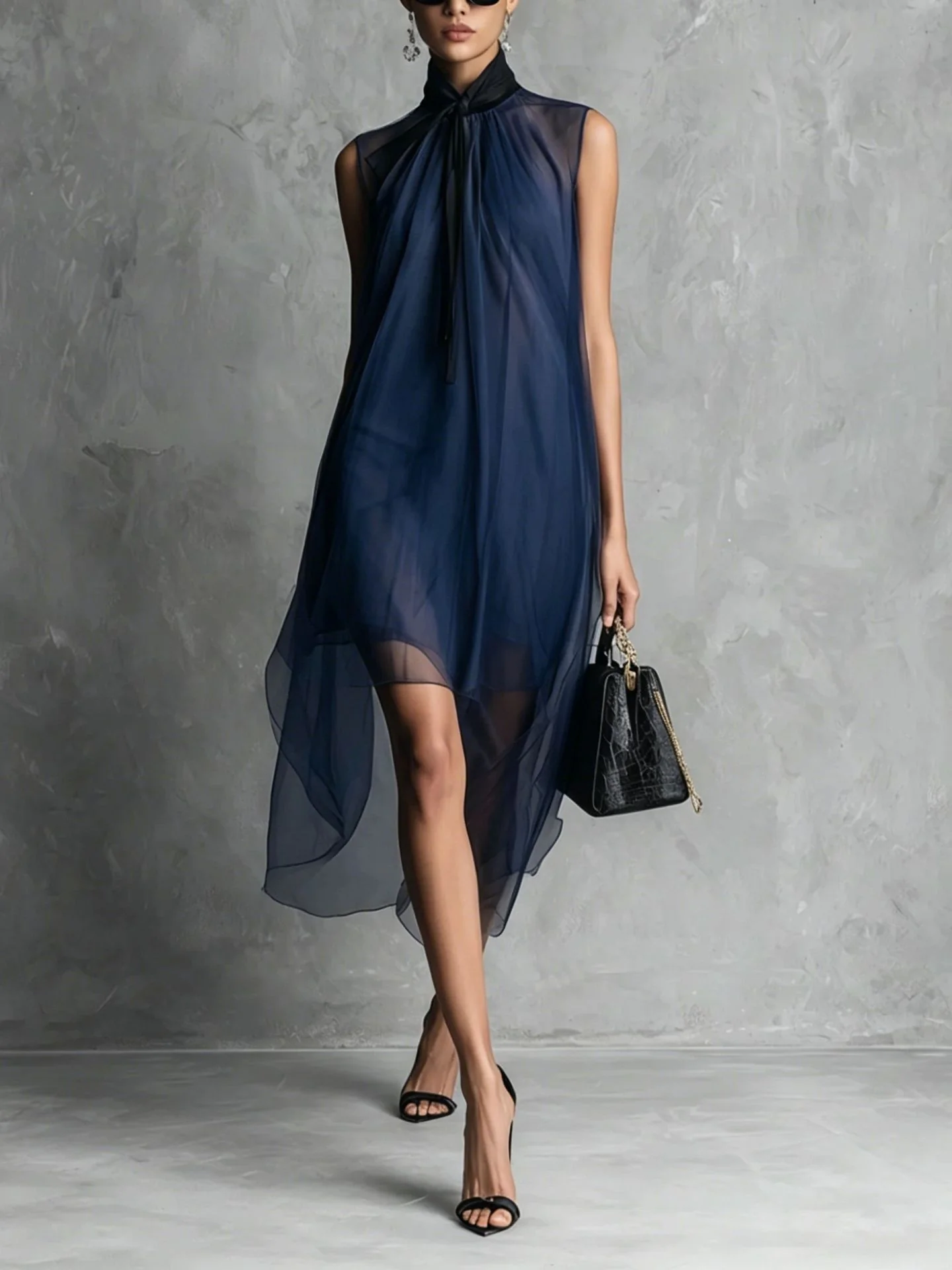 High-neck, Tie-up, Sleeveless Chiffon Dress With Bow Solid Color Irregular Midi Dress - Image 2
