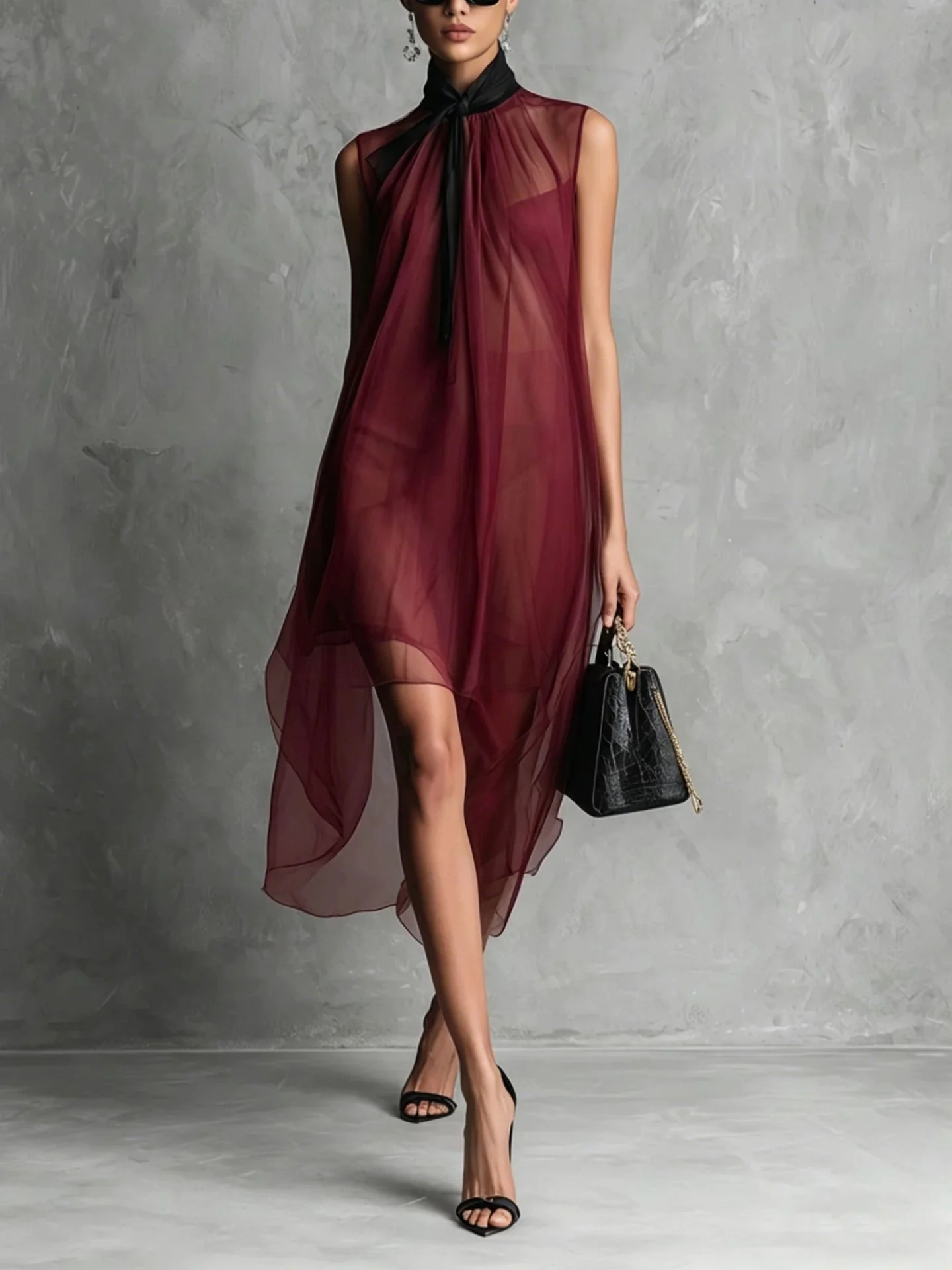 High-neck, Tie-up, Sleeveless Chiffon Dress With Bow Solid Color Irregular Midi Dress - Image 3