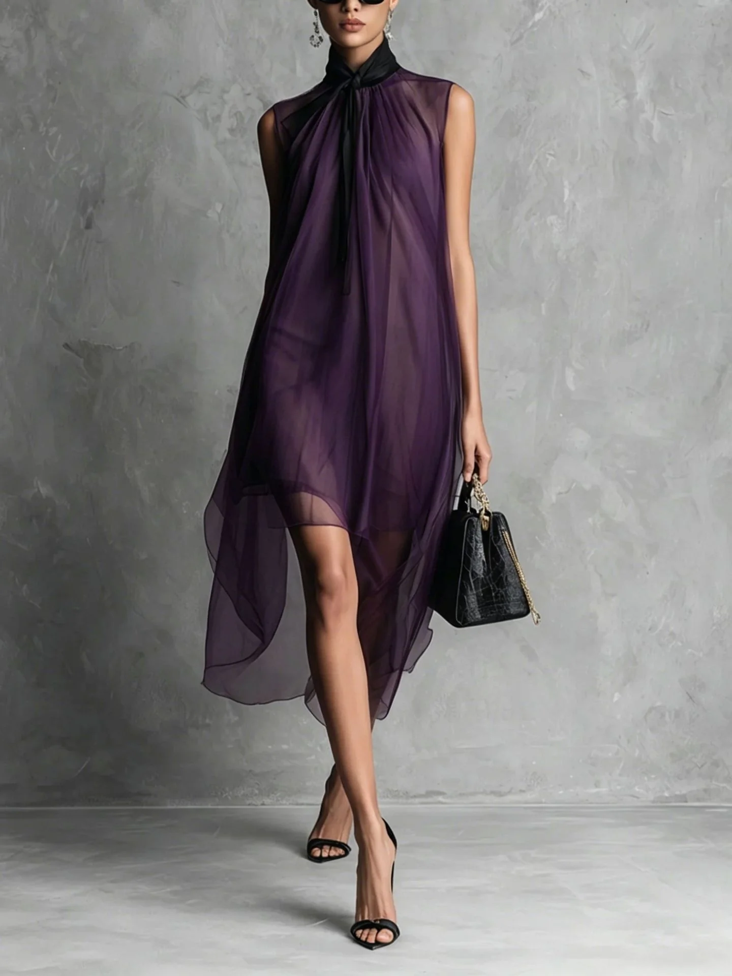High-neck, Tie-up, Sleeveless Chiffon Dress With Bow Solid Color Irregular Midi Dress - Image 4