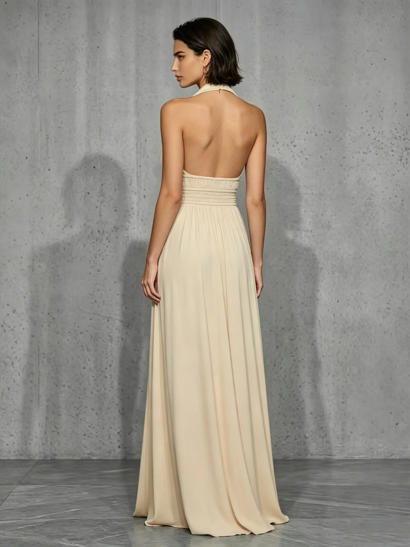Off-shoulder And Backless Solid Color Halter Neck Long Dress - Image 2