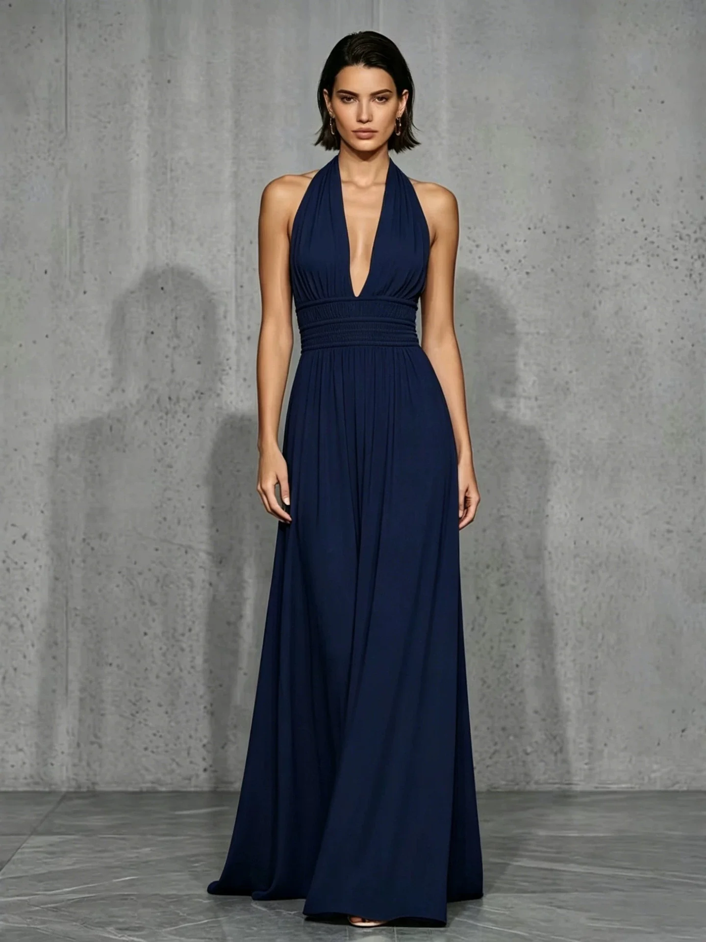 Off-shoulder And Backless Solid Color Halter Neck Long Dress - Image 3