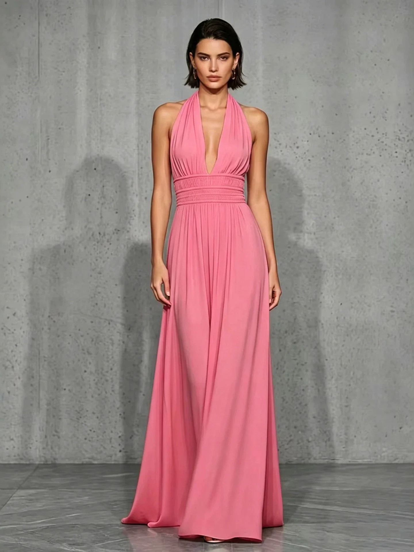 Off-shoulder And Backless Solid Color Halter Neck Long Dress - Image 5
