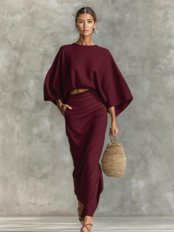 High-waisted Midi Skirt And Round Neck Three-quarter Sleeve Top Two-piece Set - Image 4