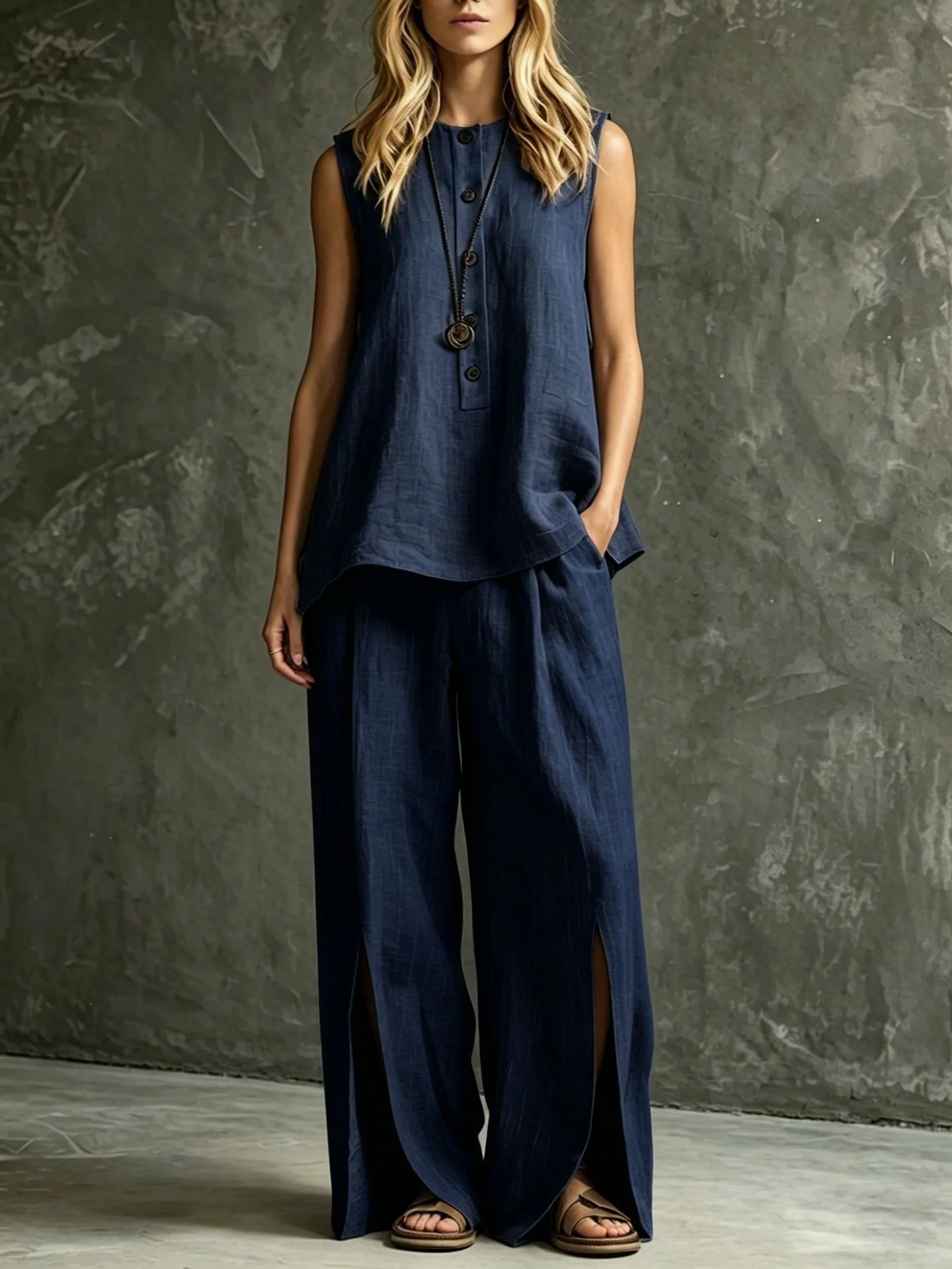 Two-piece Set With Split Pockets, Buttons, And Solid Color - Image 2