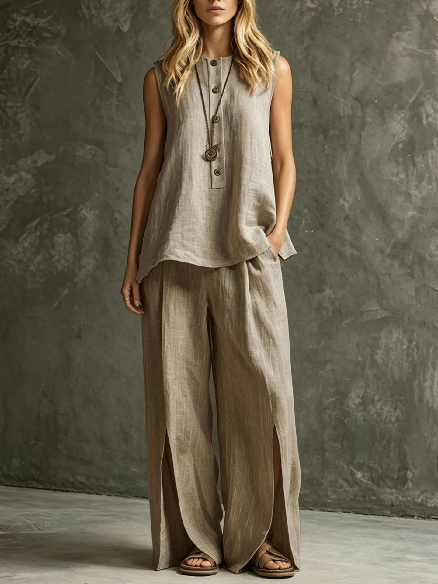Two-piece Set With Split Pockets, Buttons, And Solid Color - Image 3