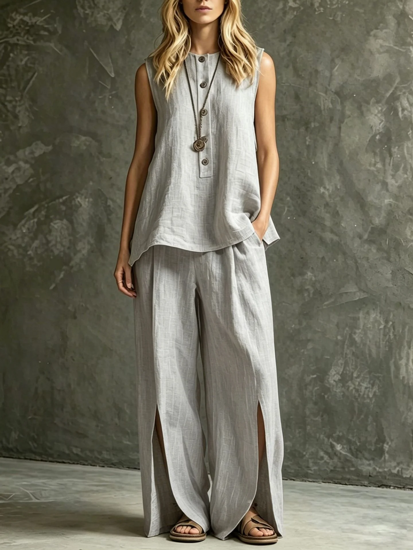 Two-piece Set With Split Pockets, Buttons, And Solid Color - Image 5