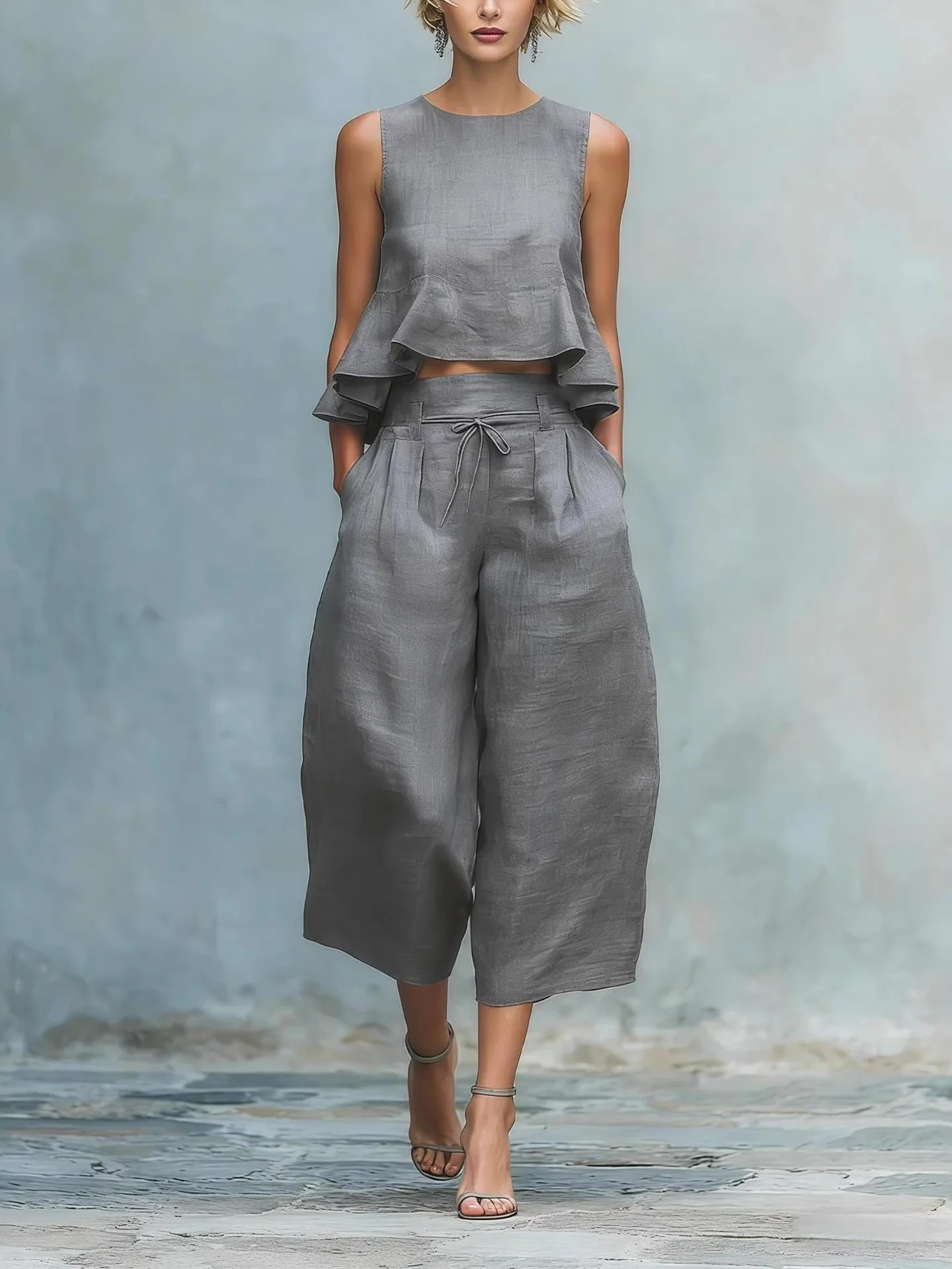 Pleated Solid Color Two-piece Set - Image 4