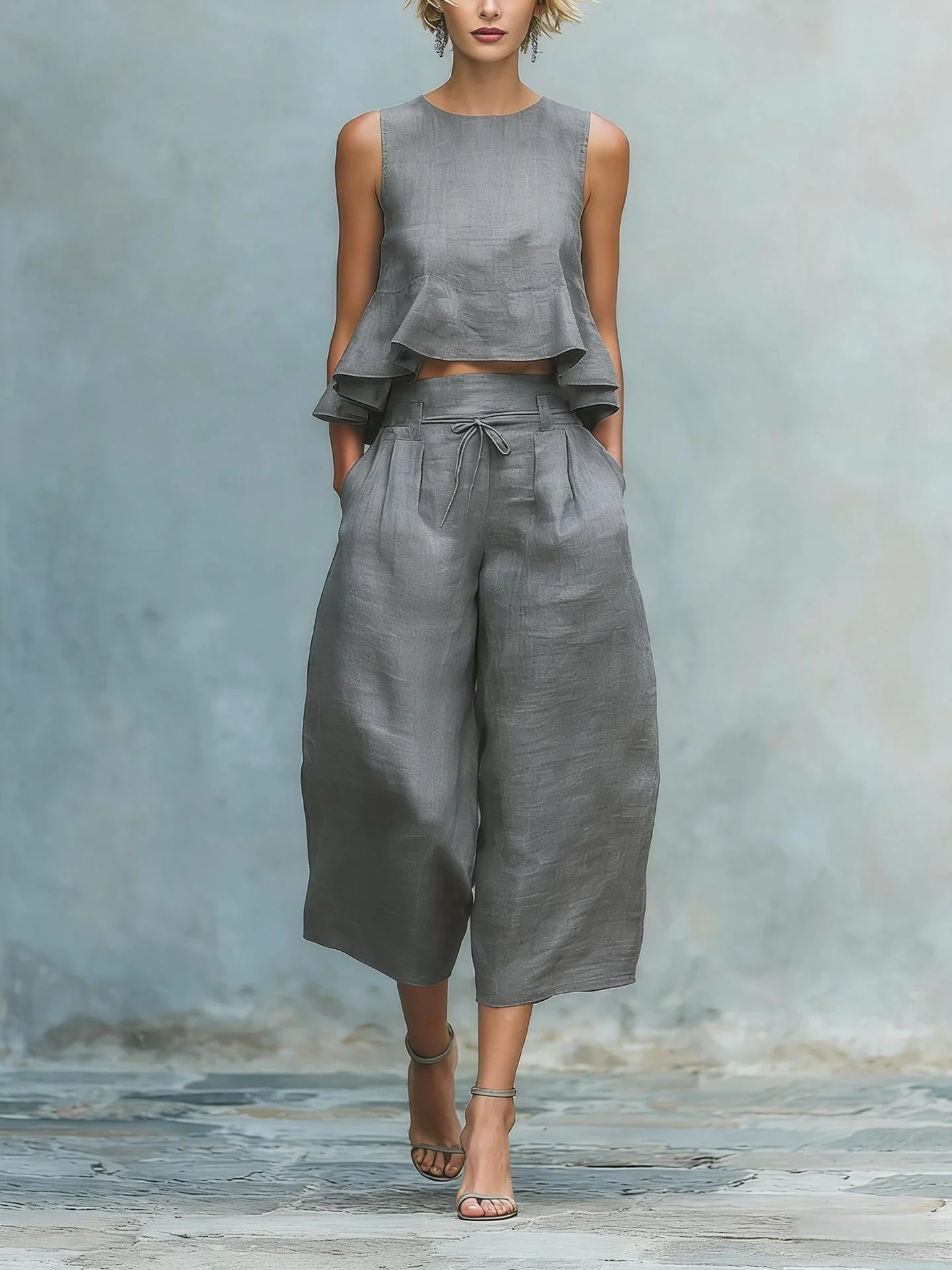 Pleated Solid Color Two-piece Set - Image 7