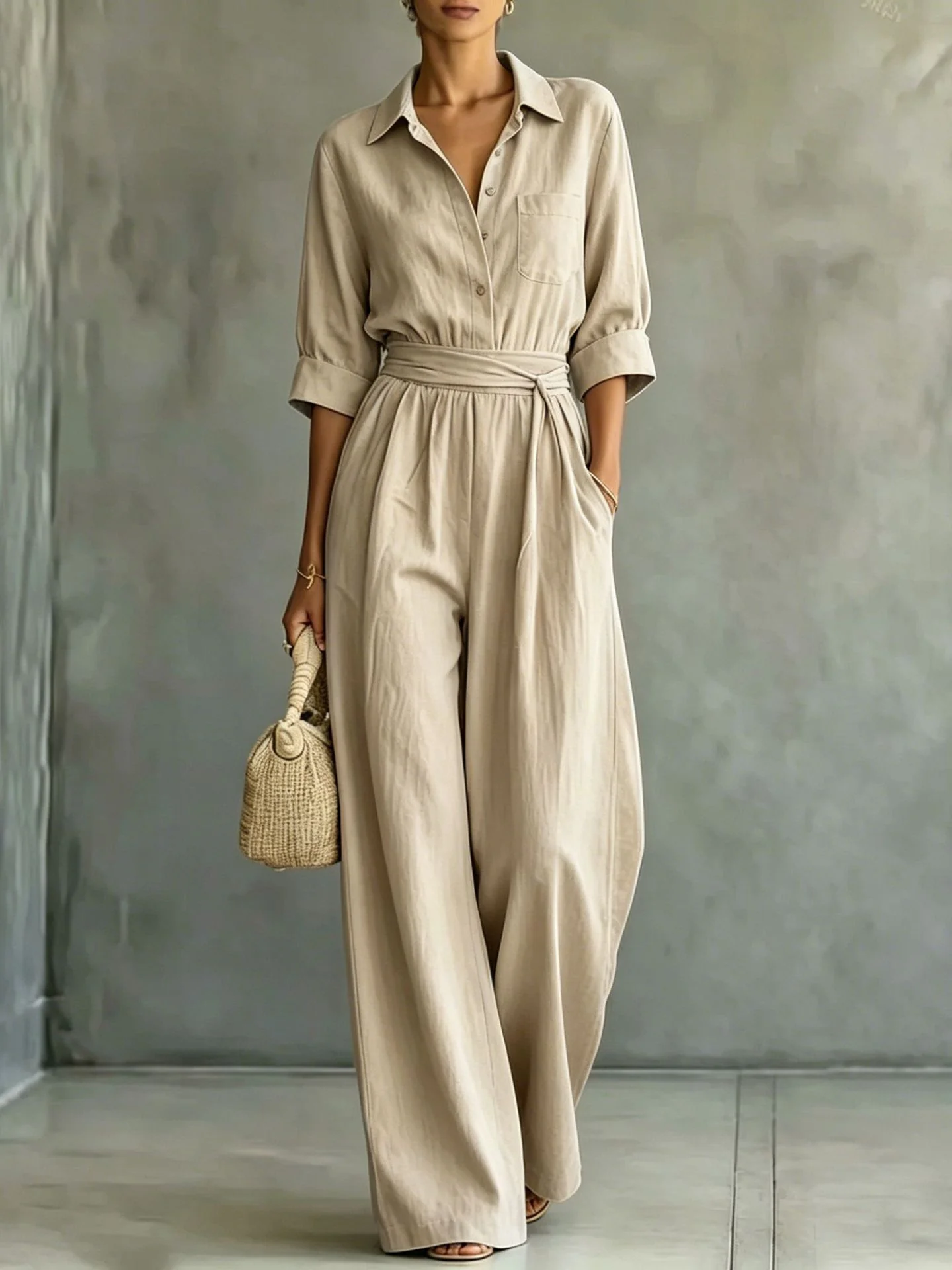 Macaron Solid Color Tie-waist Belt Pocket Two-piece Set - Image 2
