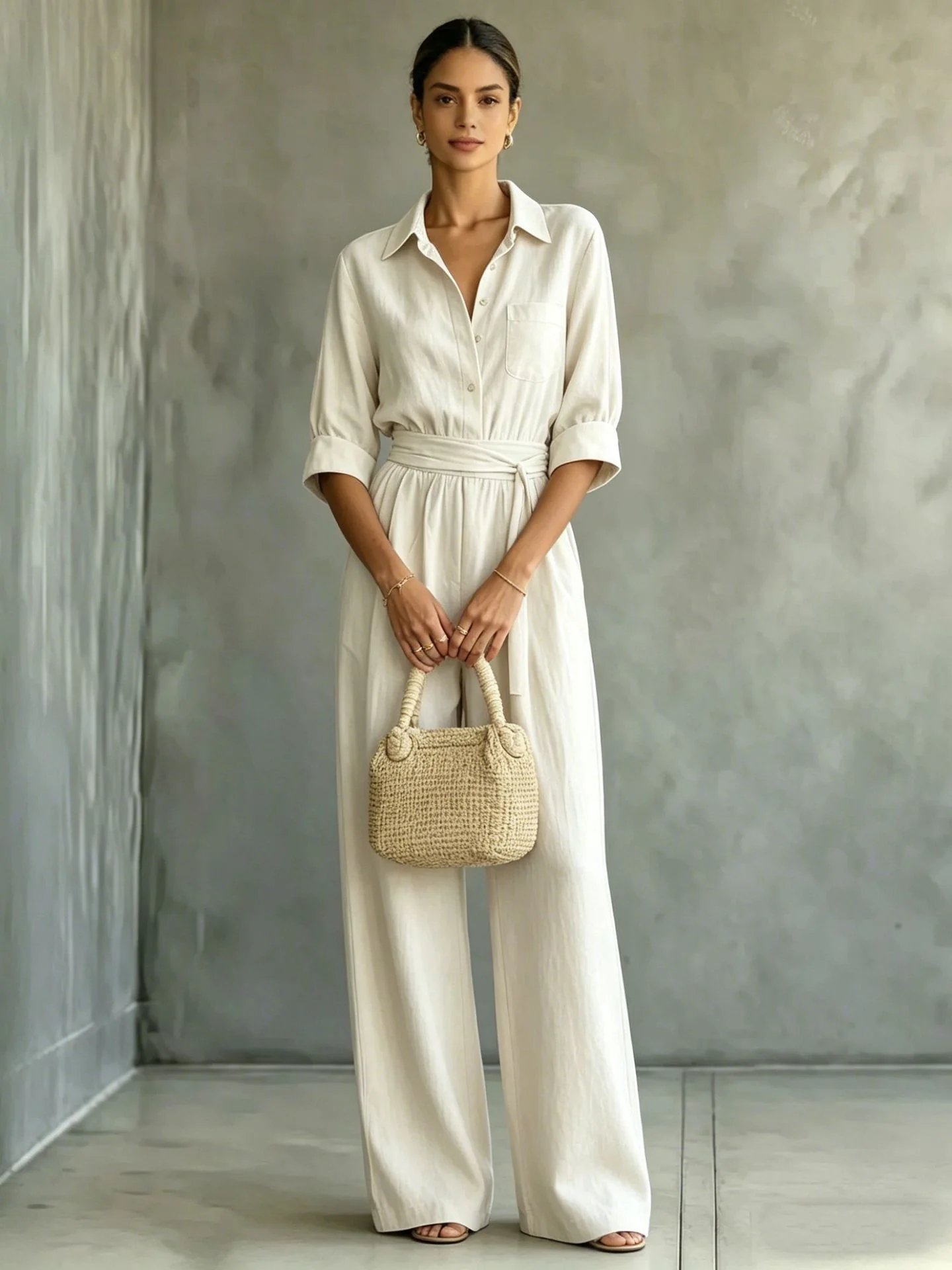 Macaron Solid Color Tie-waist Belt Pocket Two-piece Set - Image 3