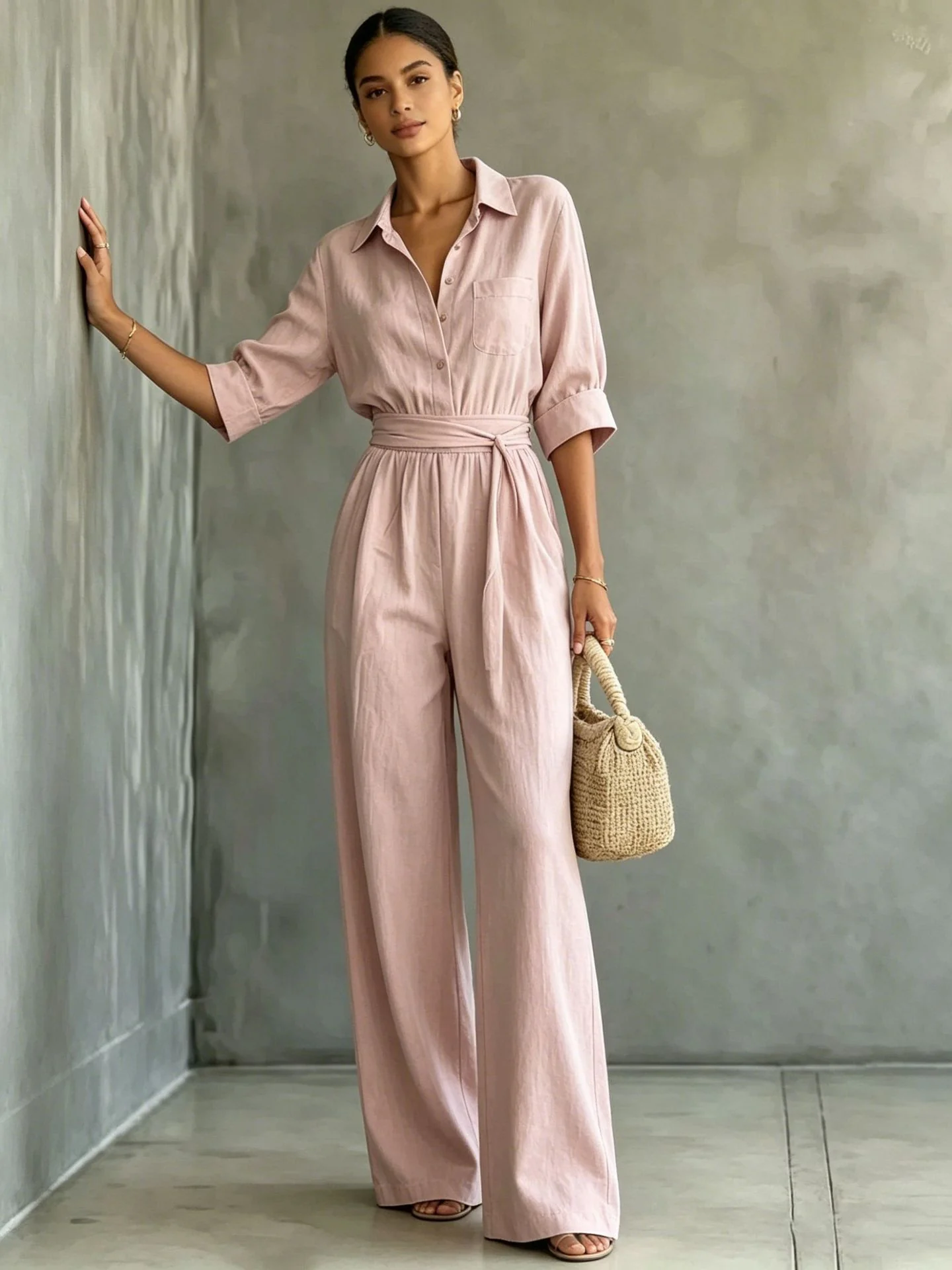 Macaron Solid Color Tie-waist Belt Pocket Two-piece Set - Image 4