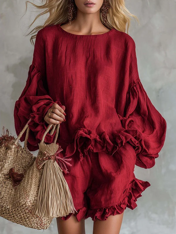 Ruffled Solid Color Two-piece Set - Image 4