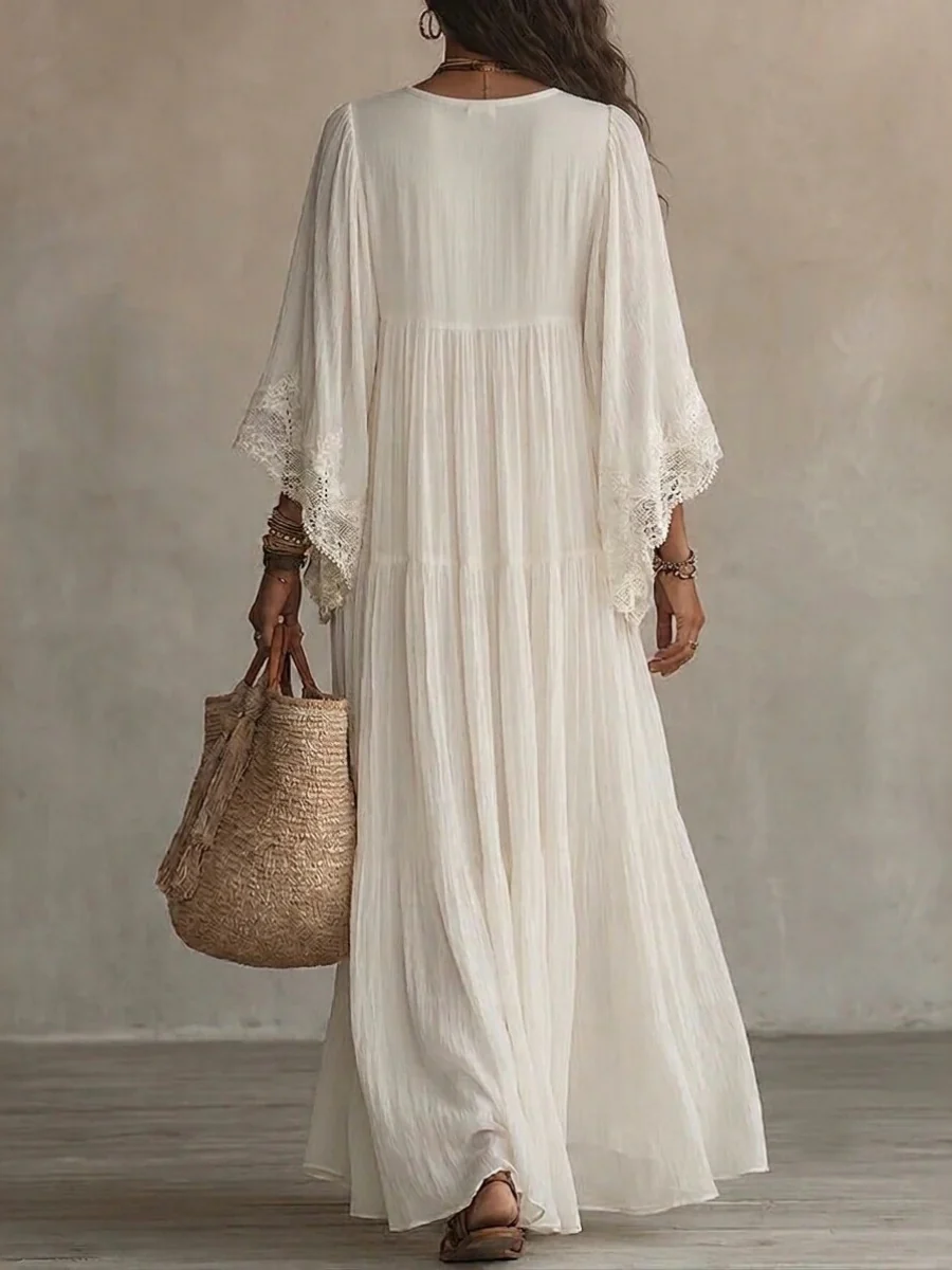 Batwing Sleeves V-neck Lace Stitching Beach Dress Seaside Smock Maxi Dresses - Image 2