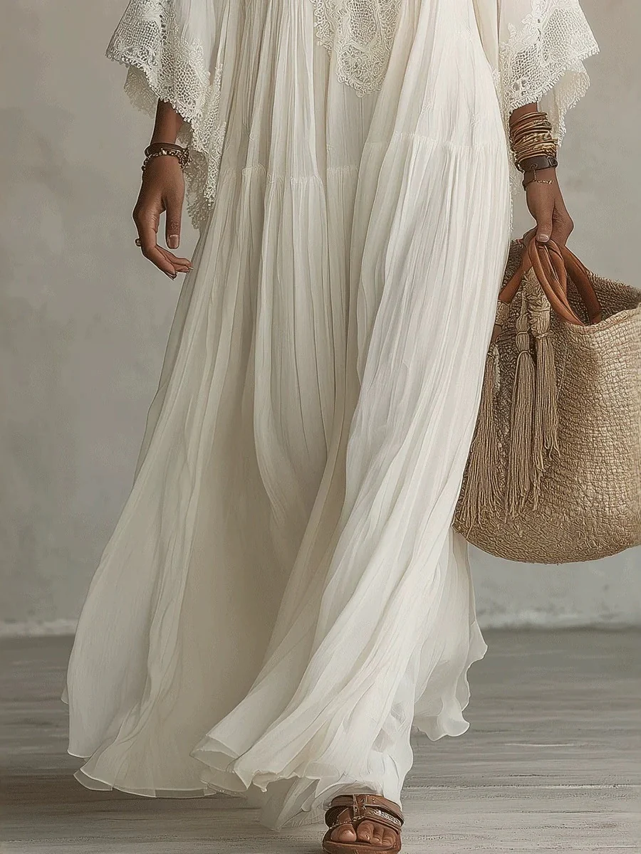 Batwing Sleeves V-neck Lace Stitching Beach Dress Seaside Smock Maxi Dresses - Image 3