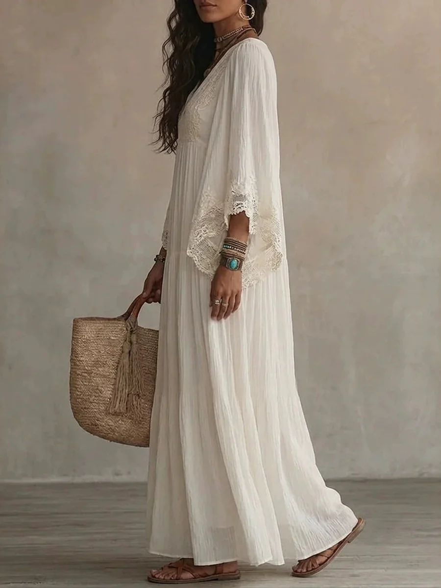Batwing Sleeves V-neck Lace Stitching Beach Dress Seaside Smock Maxi Dresses - Image 4