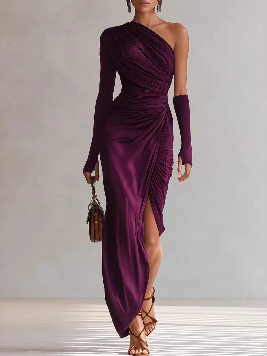 Asymmetrical Sloping Shoulders Long Sleeve Slit Grace Temperament Maxi Dresses - Image 3