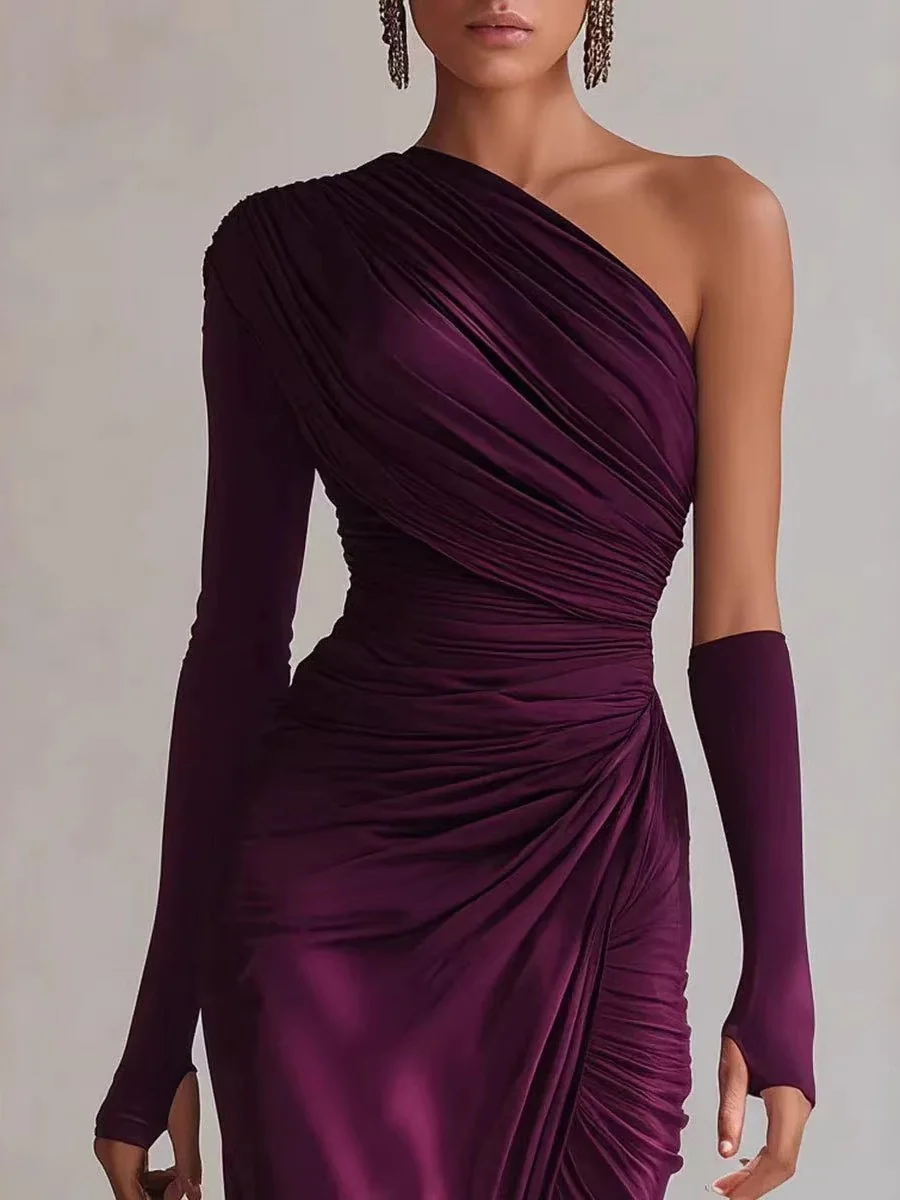Asymmetrical Sloping Shoulders Long Sleeve Slit Grace Temperament Maxi Dresses - Image 4