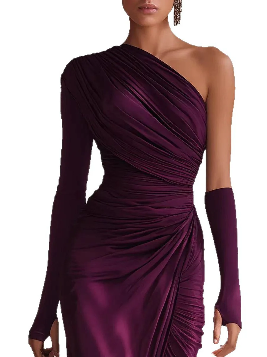 Asymmetrical Sloping Shoulders Long Sleeve Slit Grace Temperament Maxi Dresses - Image 5