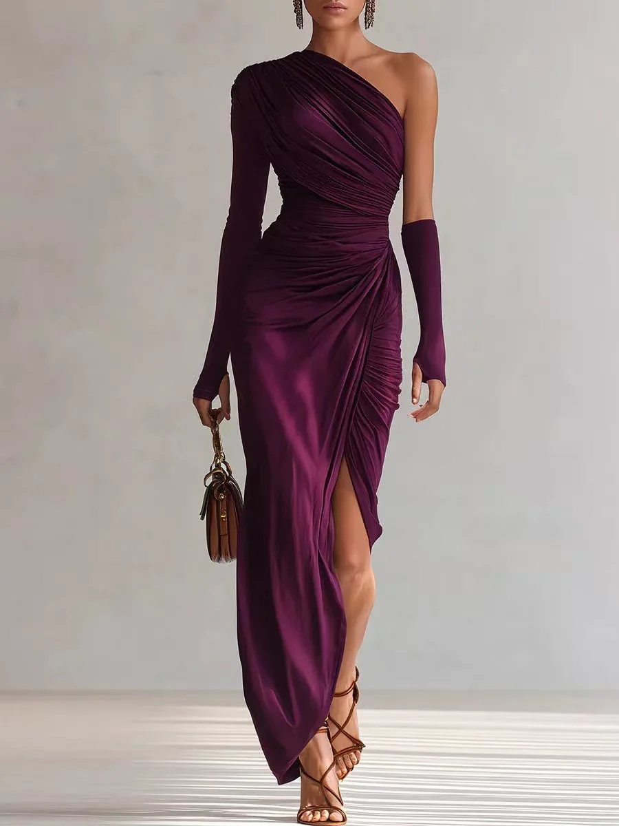 Asymmetrical Sloping Shoulders Long Sleeve Slit Grace Temperament Maxi Dresses - Image 6