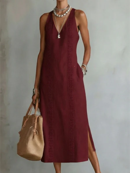 Lace Solid Color Midi Dress - Image 3
