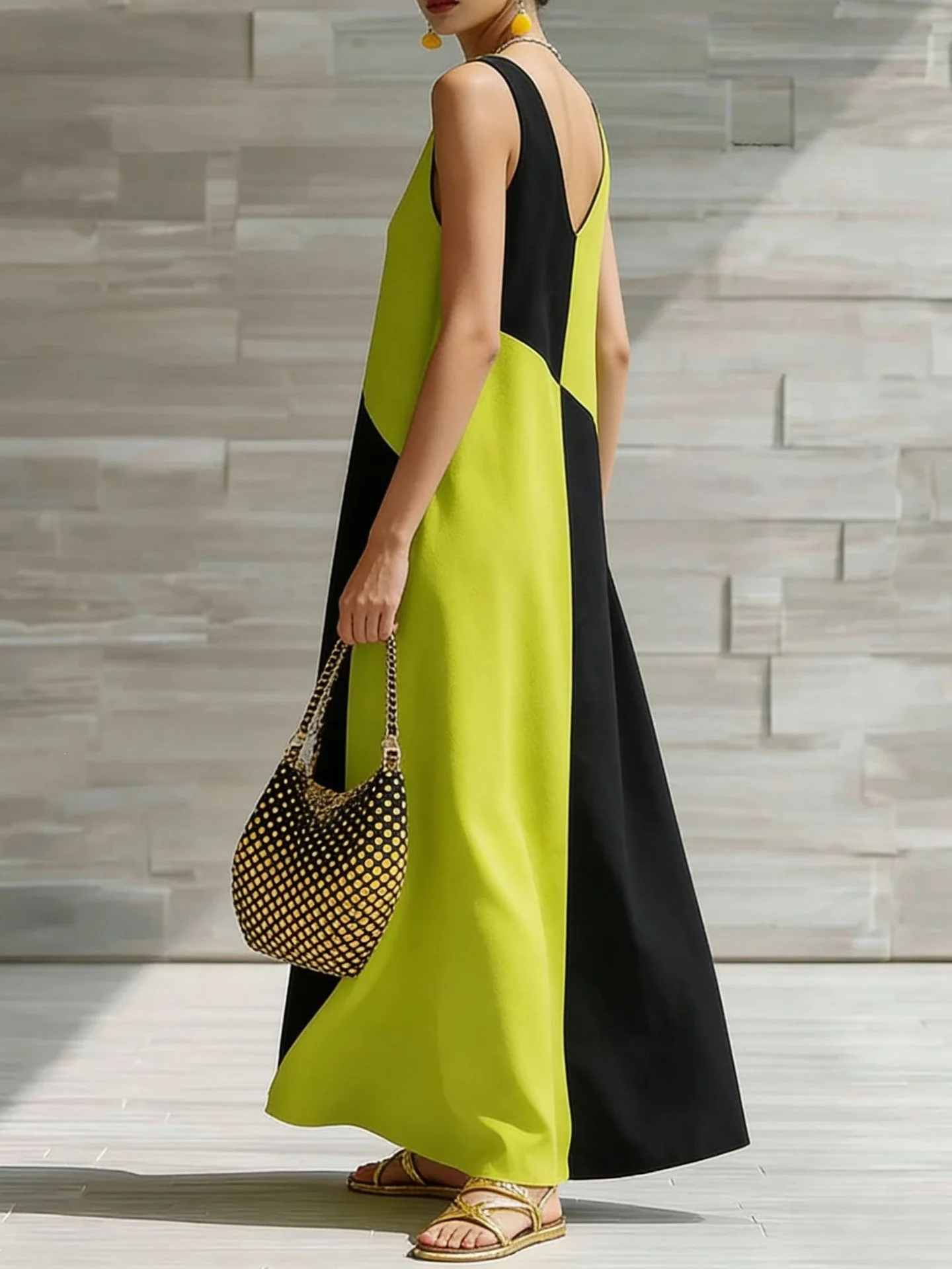 Simple Solid Color Color-blocked Off-shoulder Dress - Image 10