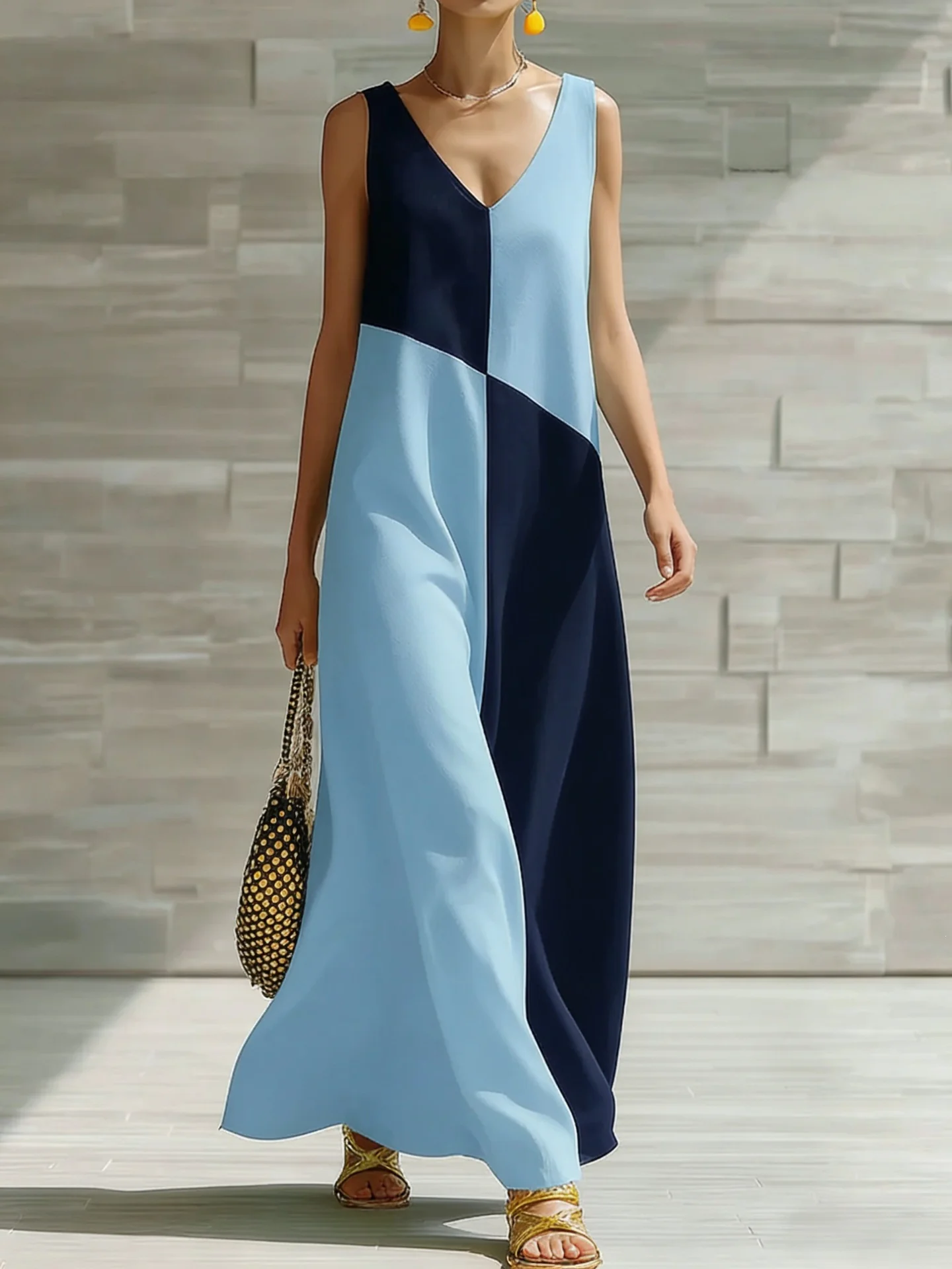 Simple Solid Color Color-blocked Off-shoulder Dress - Image 3