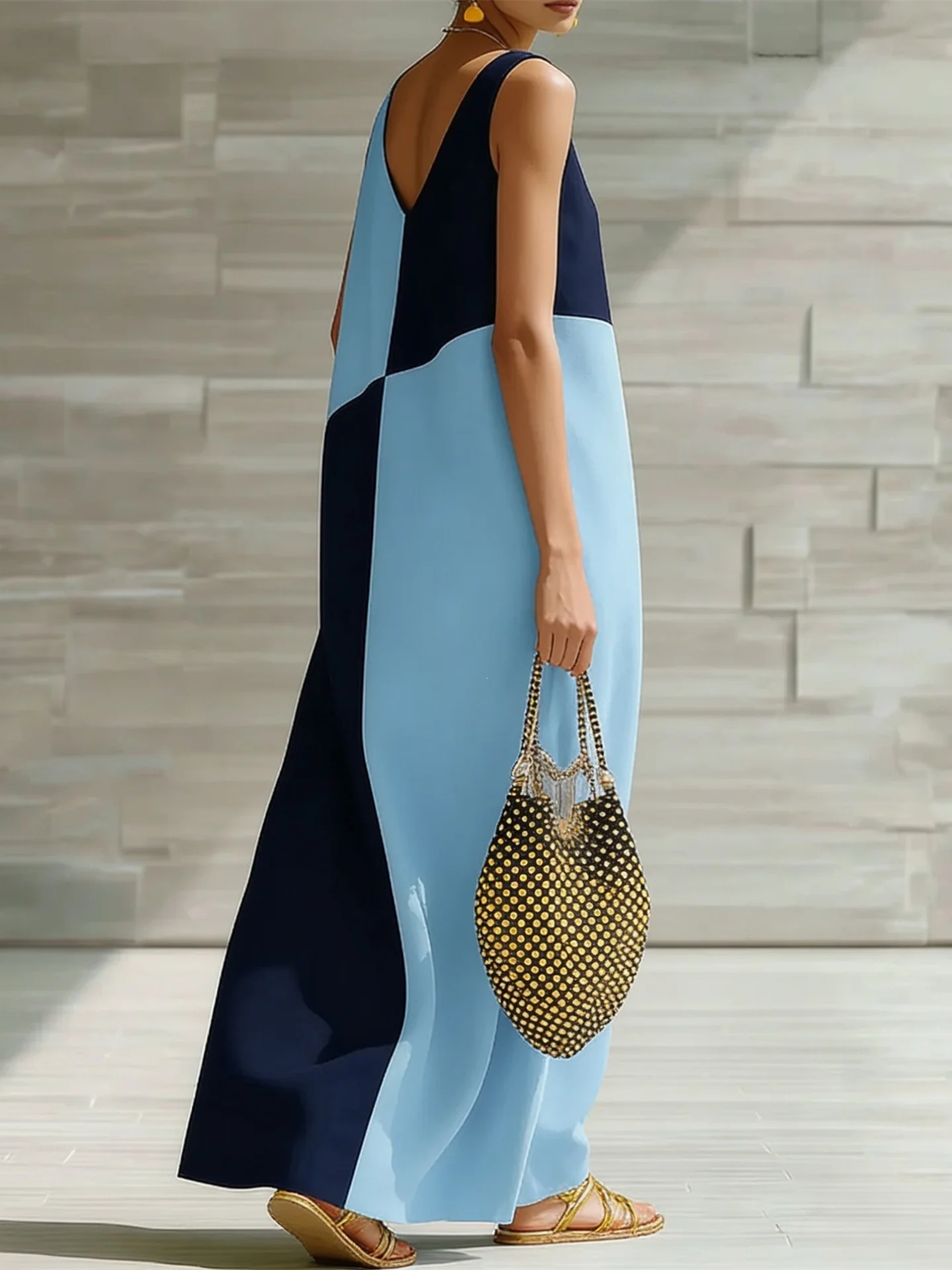 Simple Solid Color Color-blocked Off-shoulder Dress - Image 4