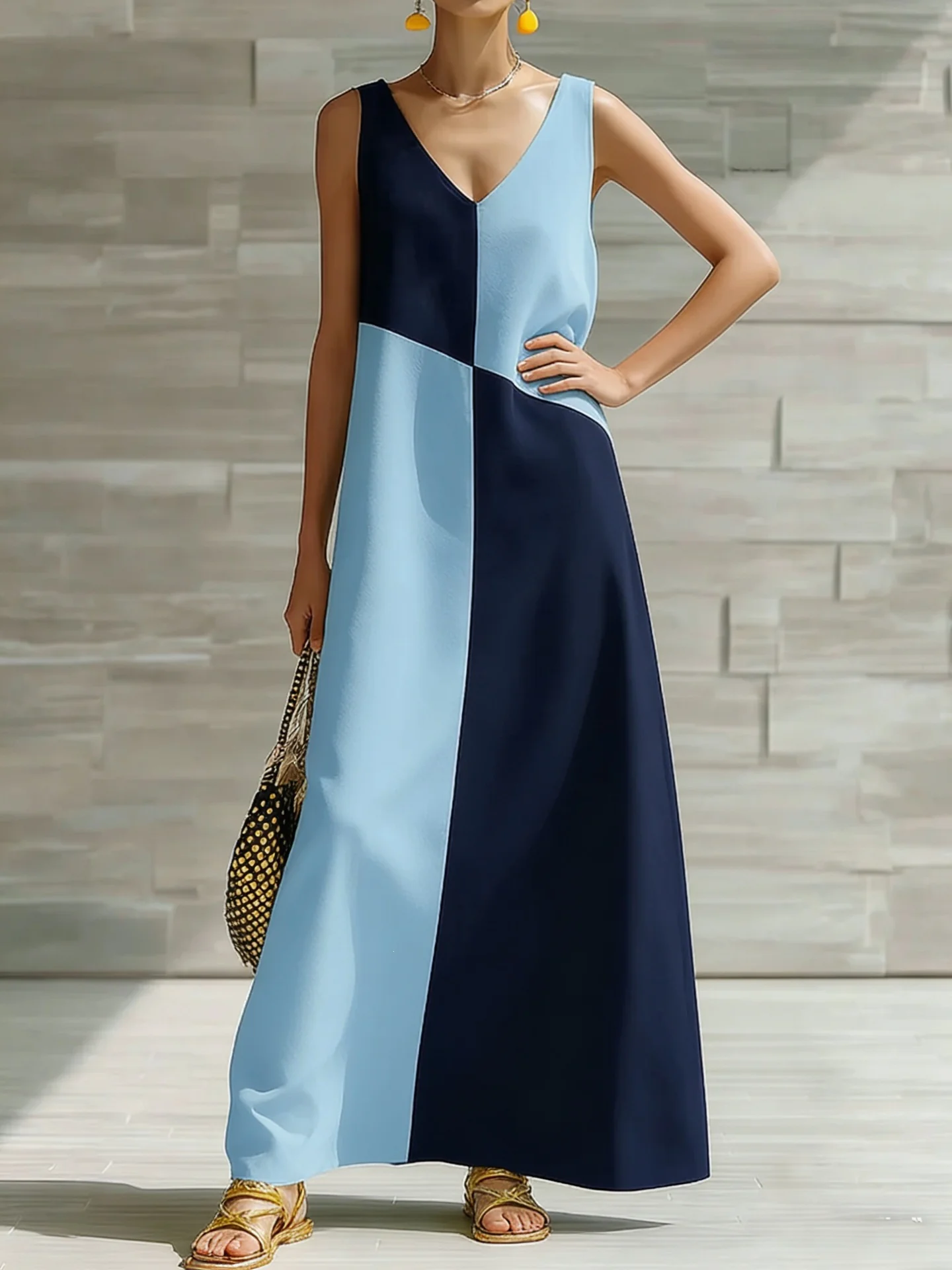 Simple Solid Color Color-blocked Off-shoulder Dress - Image 5