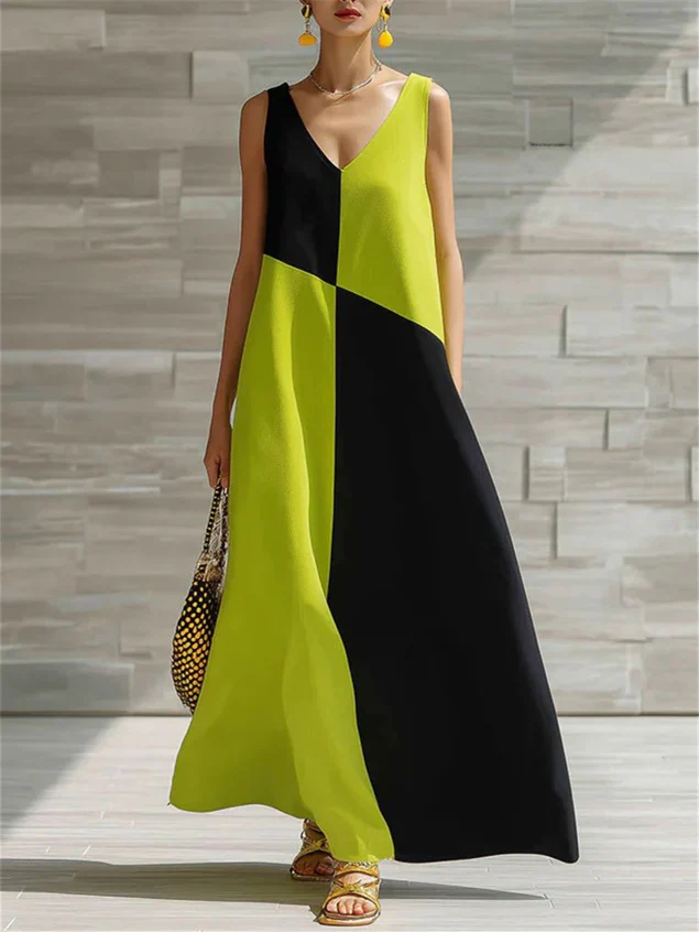 Simple Solid Color Color-blocked Off-shoulder Dress - Image 9