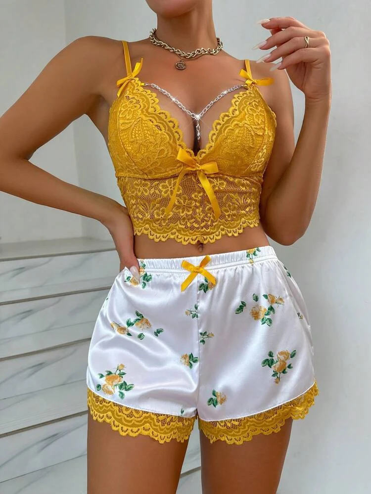 Deep V Lace Cutout Camisole Bra And Lace Trim Shorts Pajama Set - Image 11