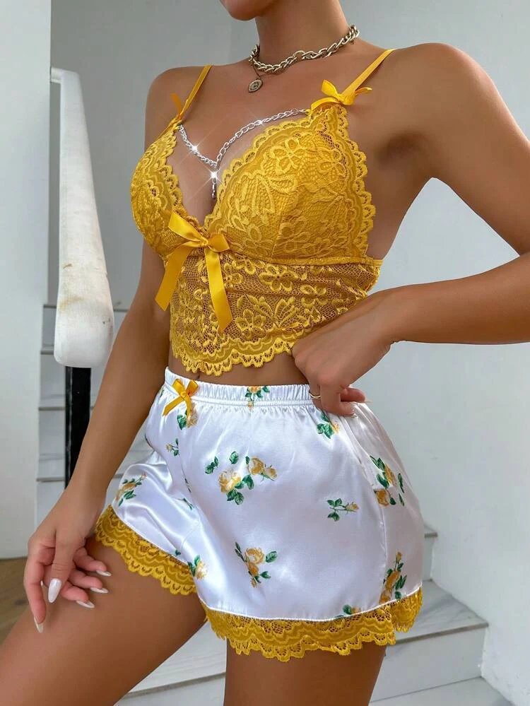 Deep V Lace Cutout Camisole Bra And Lace Trim Shorts Pajama Set - Image 12