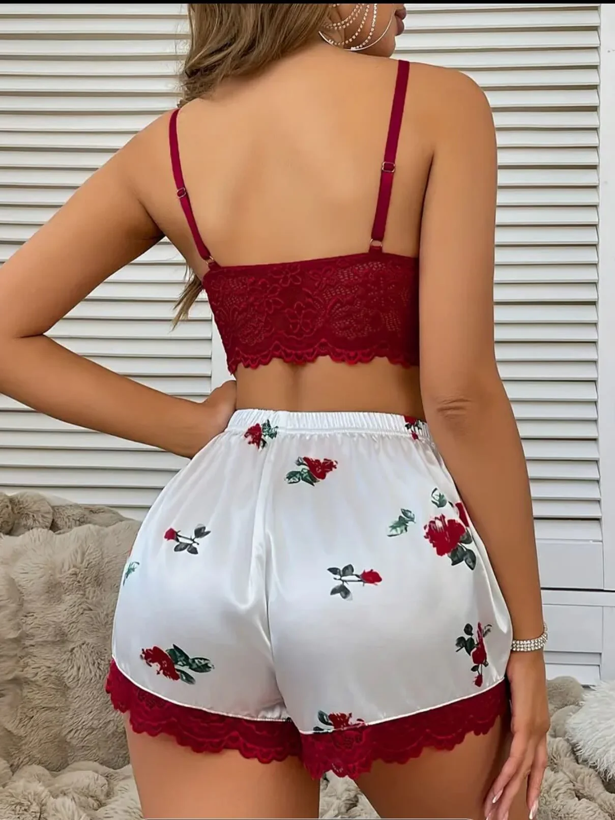 Deep V Lace Cutout Camisole Bra And Lace Trim Shorts Pajama Set - Image 17