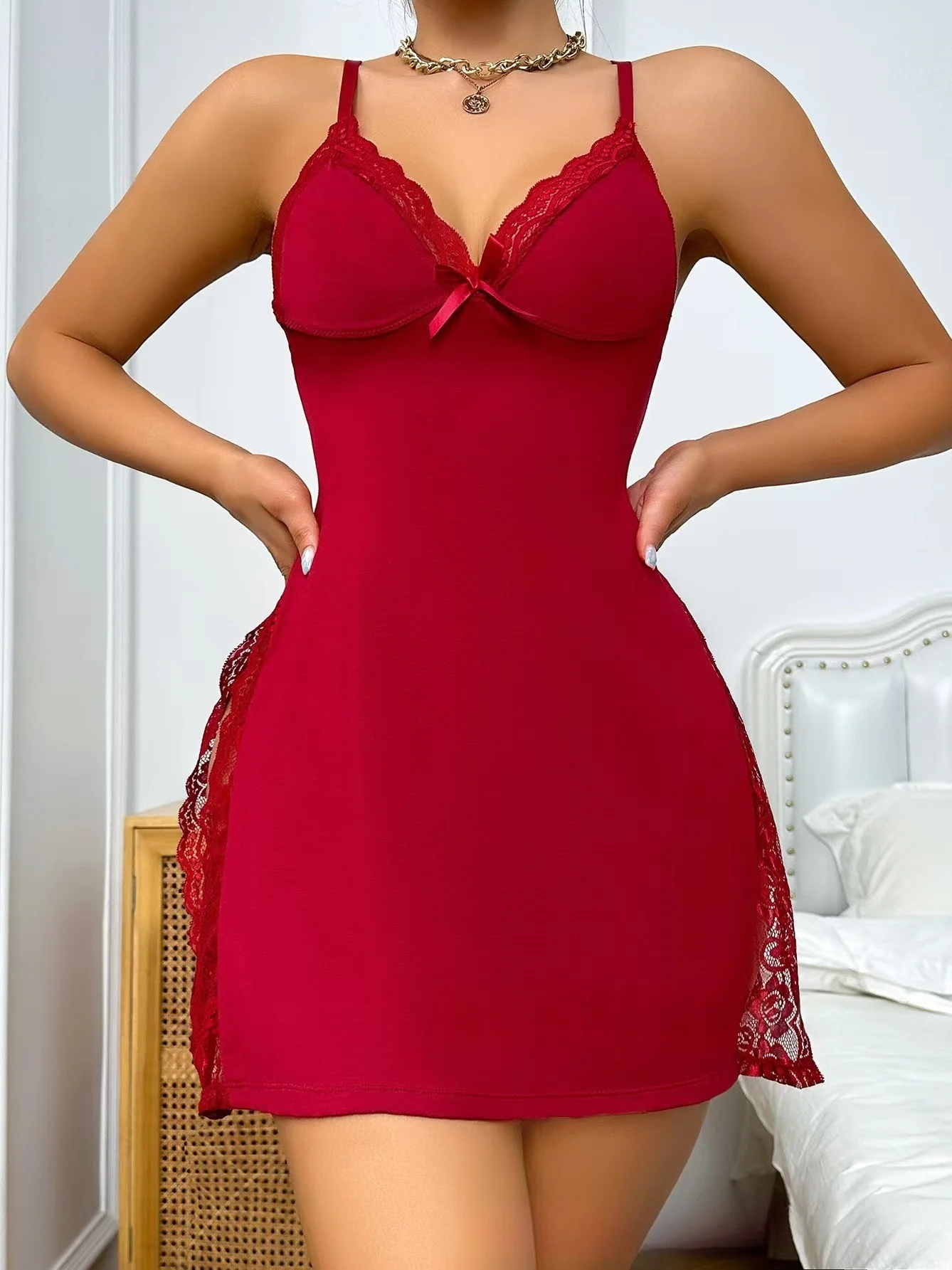 Lace-trimmed Slit Slip Dress Nightgown - Image 4