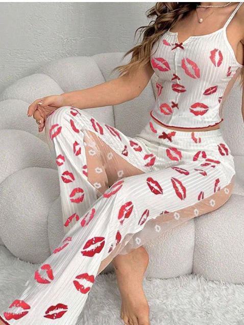Mesh Patchwork Printed Camisole Nightgown - Image 10