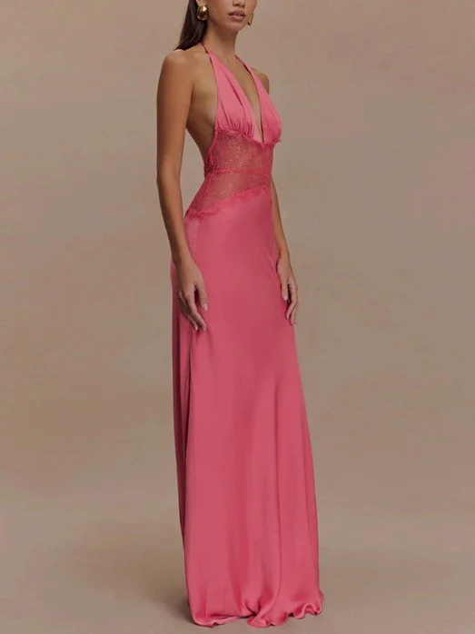 Deep V-neck Silk Satin Maxi Dress With Halter Neck And Cinched Waist - Image 10