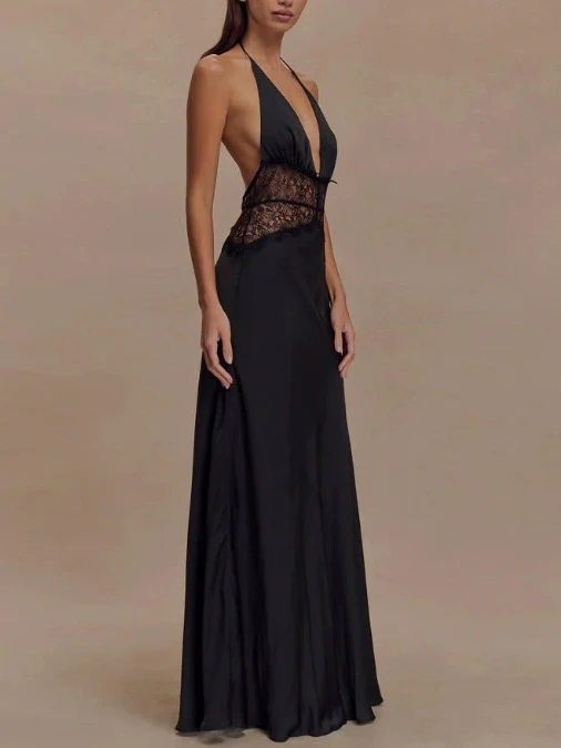 Deep V-neck Silk Satin Maxi Dress With Halter Neck And Cinched Waist - Image 2