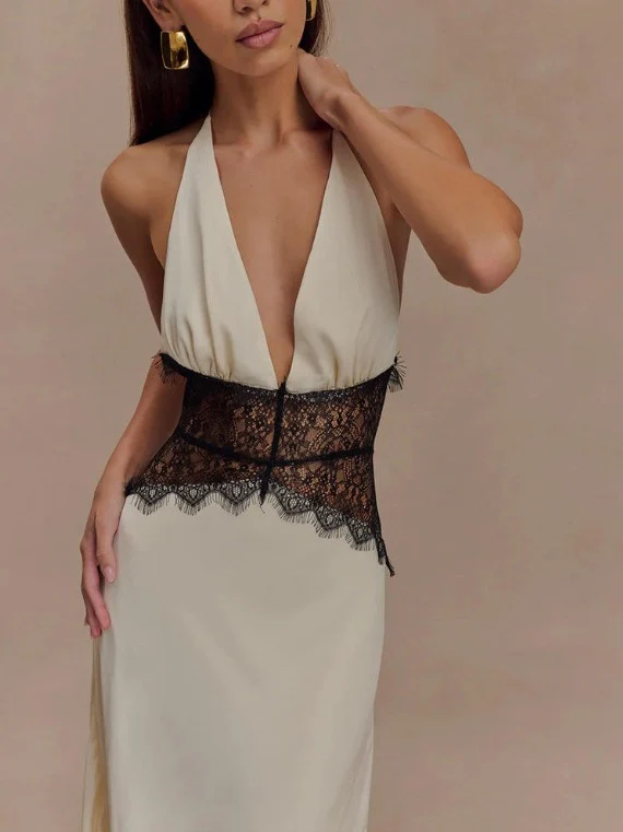 Deep V-neck Silk Satin Maxi Dress With Halter Neck And Cinched Waist - Image 4