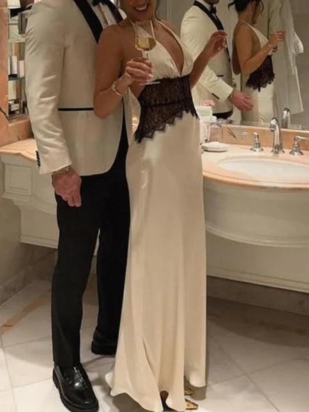 Deep V-neck Silk Satin Maxi Dress With Halter Neck And Cinched Waist - Image 6