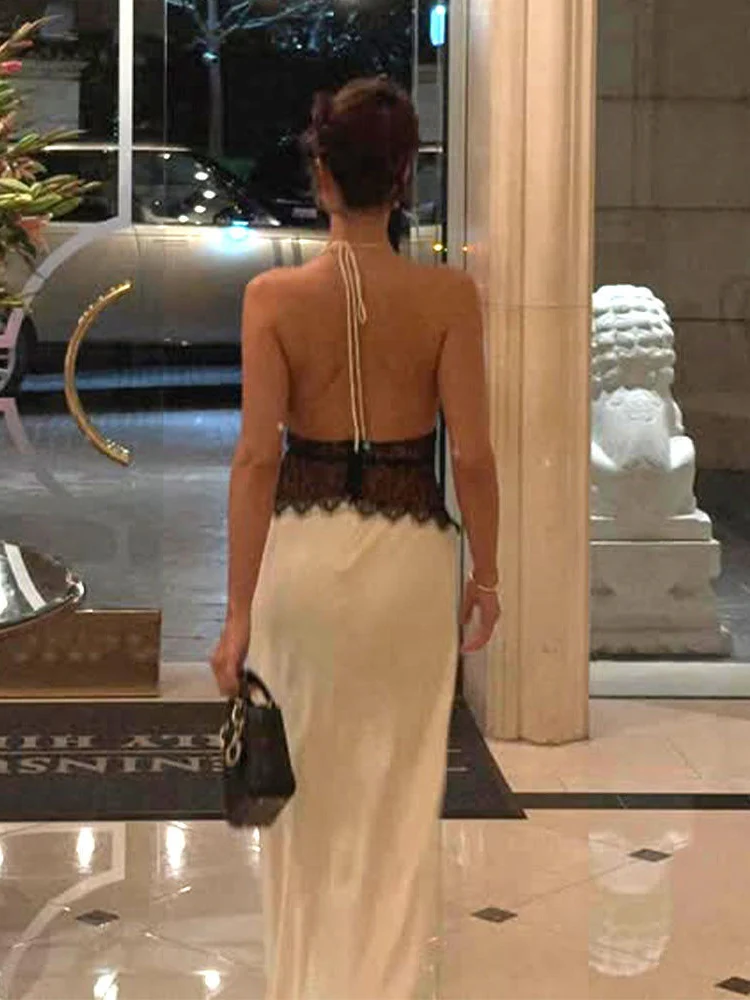Deep V-neck Silk Satin Maxi Dress With Halter Neck And Cinched Waist - Image 8