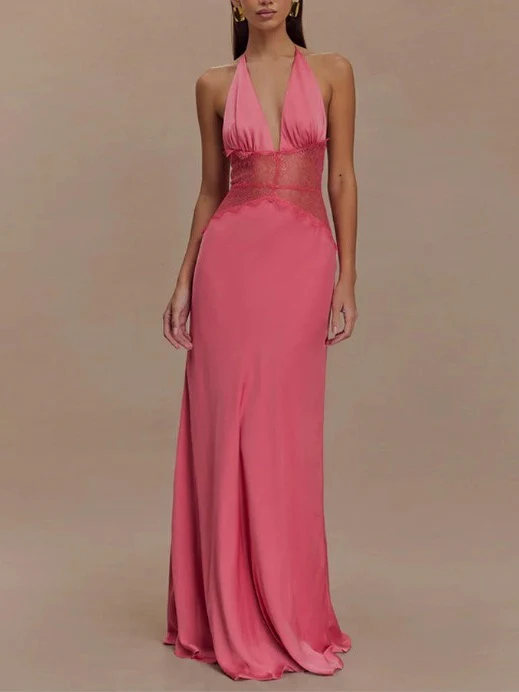 Deep V-neck Silk Satin Maxi Dress With Halter Neck And Cinched Waist - Image 9
