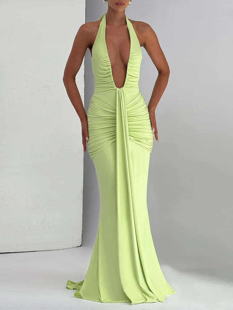Halter Neck Deep V-neck Fitted Waist Long Dress Sexy Backless Ribbon Fishtail Long Dress - Image 10