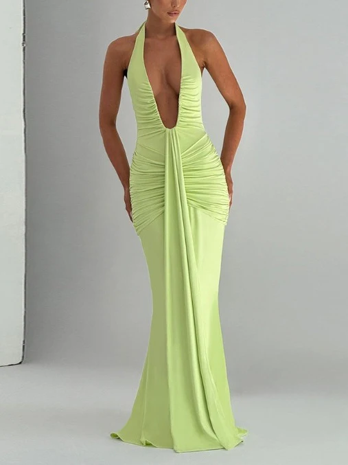 Halter Neck Deep V-neck Fitted Waist Long Dress Sexy Backless Ribbon Fishtail Long Dress - Image 11
