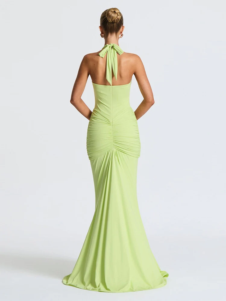 Halter Neck Deep V-neck Fitted Waist Long Dress Sexy Backless Ribbon Fishtail Long Dress - Image 12