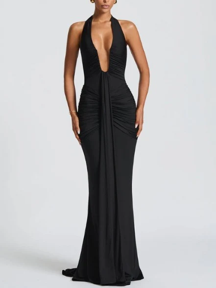 Halter Neck Deep V-neck Fitted Waist Long Dress Sexy Backless Ribbon Fishtail Long Dress - Image 13